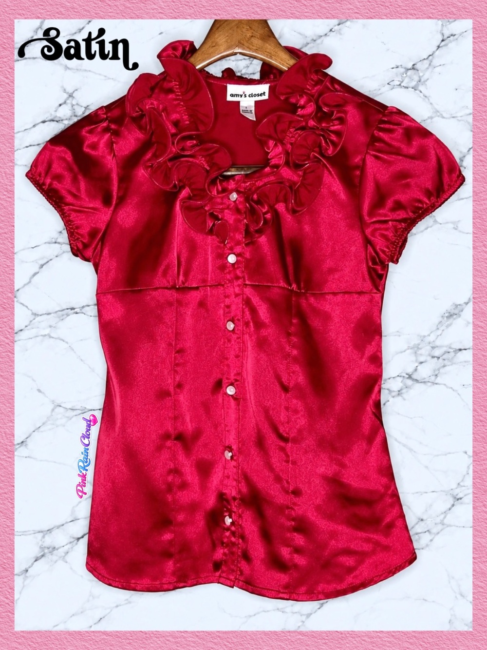 Amy’s Closet Girls Y2K Red Satin Ruffle Cap Sleeve Button Up Blouse